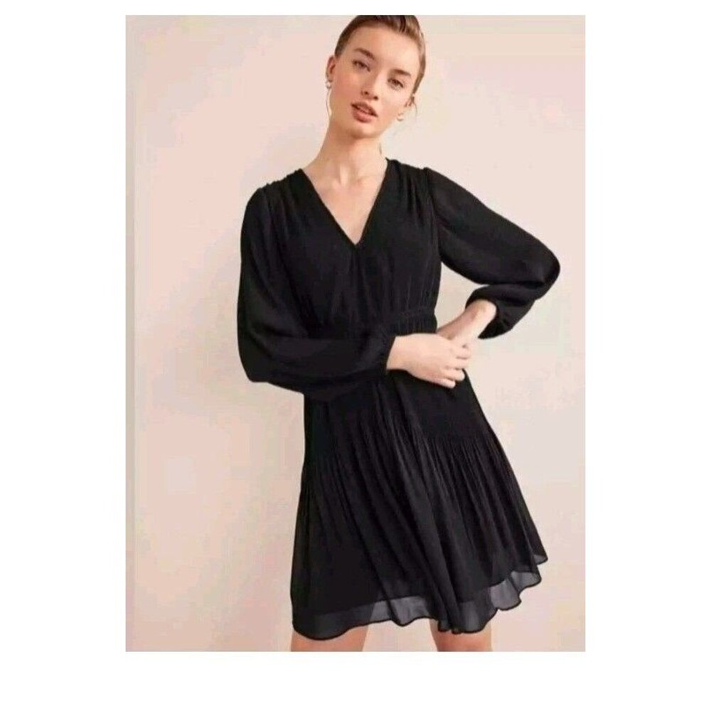 NWT Boden V-Neck Plisse Black Mini Dress Long Sleeve 4L Tall Minimalist Career